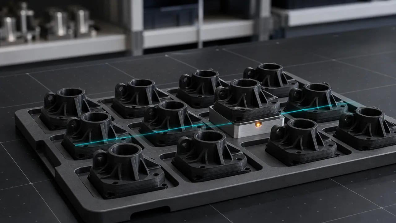 一组排列整齐并接受检查的 3D 打印零件